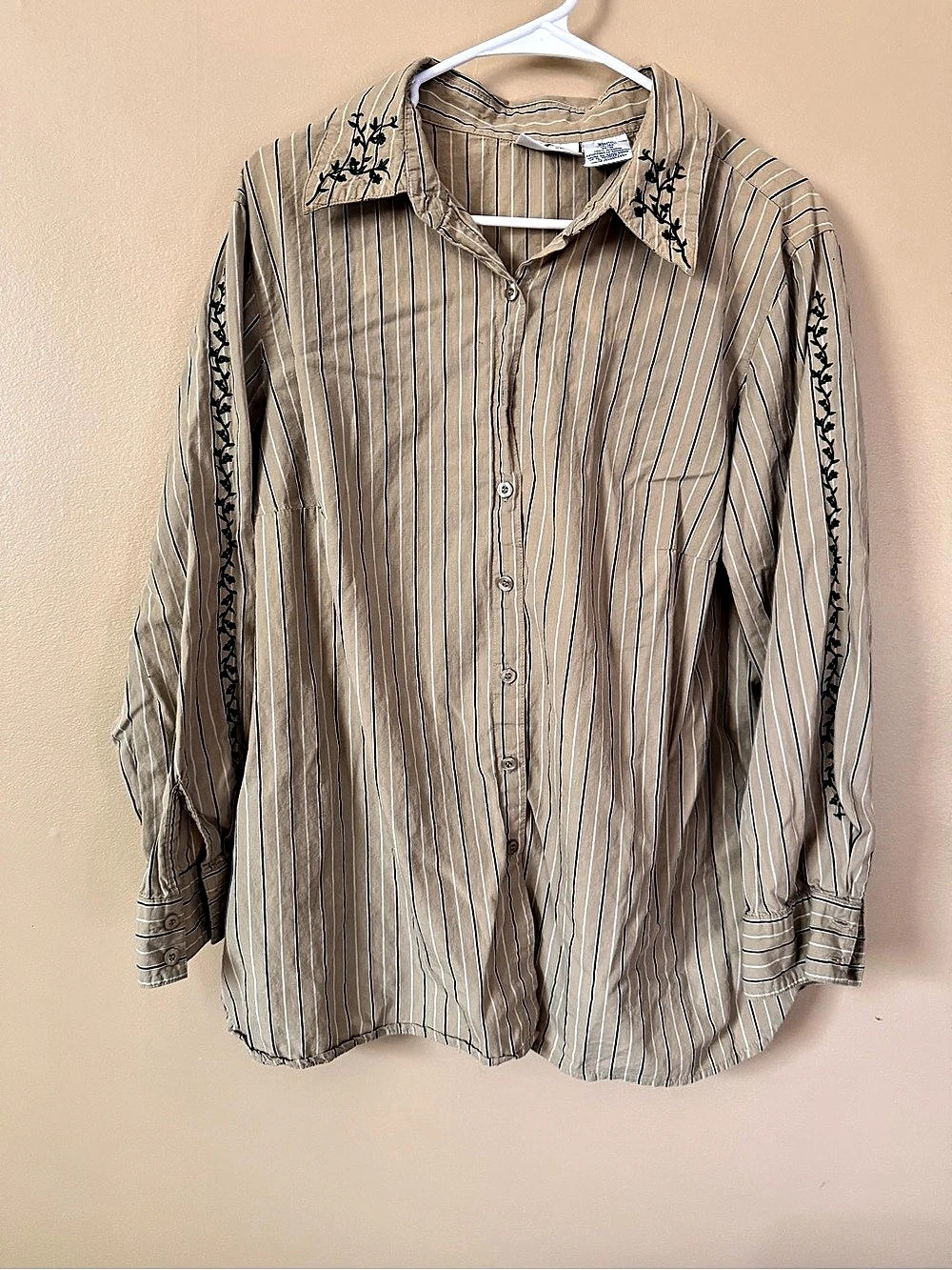 White Stag Embroidered Striped Cotton Button Up Shirt Beige Tan